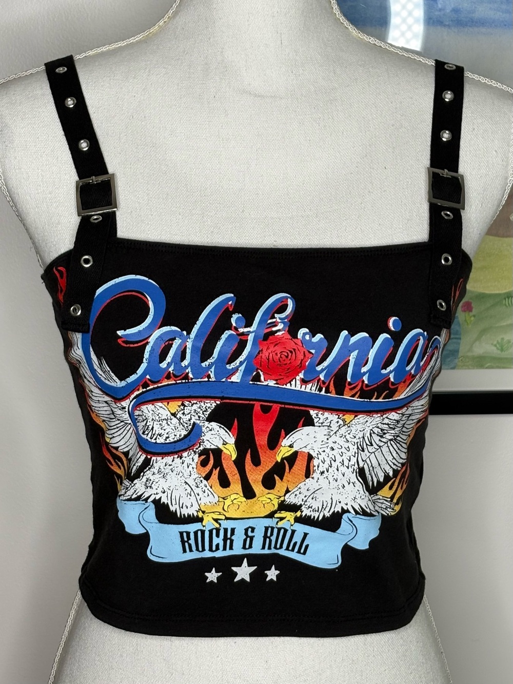Urban Vibe Women's Black Knit Square Neck Wide Strap Rock Graphic Crop Tank M